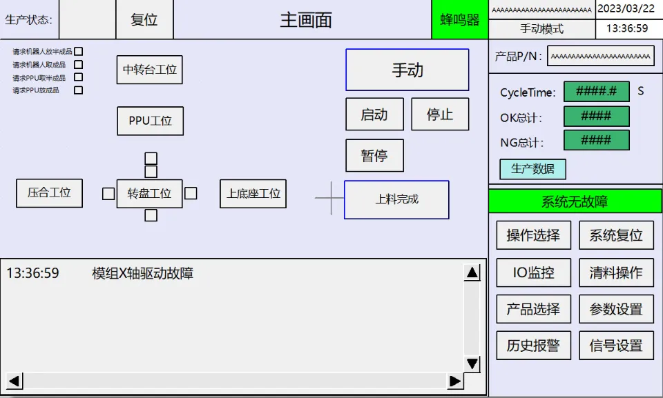 按钮组装机 HMI 主画面：各工位状态、节拍、OK / NG 计数与报警