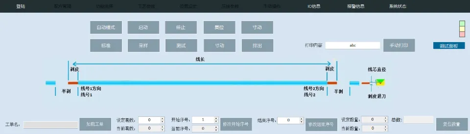 上位机主画面：运行模式、线长与剥皮参数示意、工单与计数（界面截图）